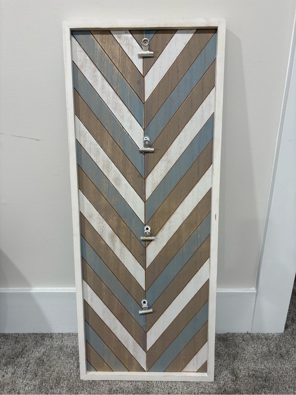 Chevron Wood Photo Clip Display - Blue, White & Brown Wall Decor
